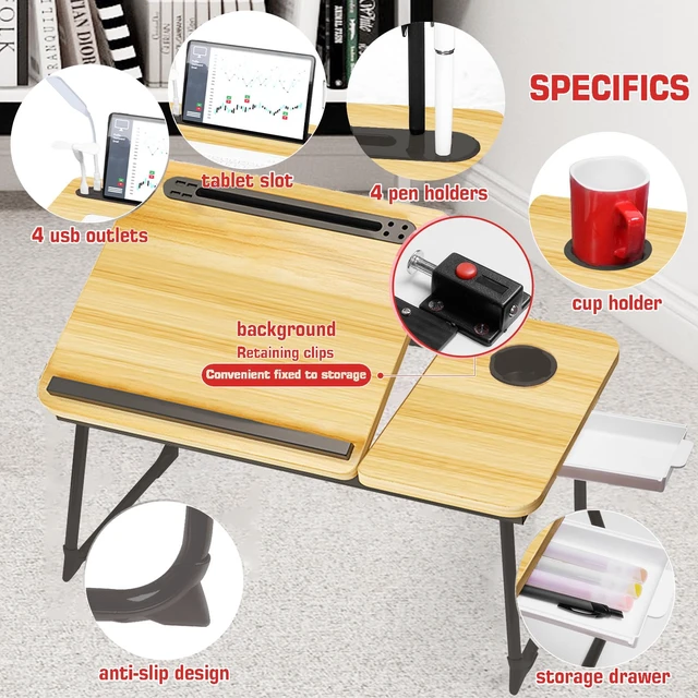 Alt view image 2 of 5 - Plus XL Adjustable Laptop Desk with Light, USB Port, iPad Holder, Drawer Storage - Larger 23.6IN Adjustable Lap Desk for Bed, Home Office, Breakfast Tray, Fordable Legs Desk (Walnut)
