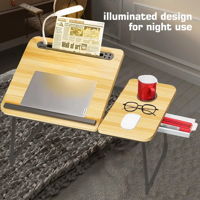 Alt view image 3 of 5 - Plus XL Adjustable Laptop Desk with Light, USB Port, iPad Holder, Drawer Storage - Larger 23.6IN Adjustable Lap Desk for Bed, Home Office, Breakfast Tray, Fordable Legs Desk (Walnut)