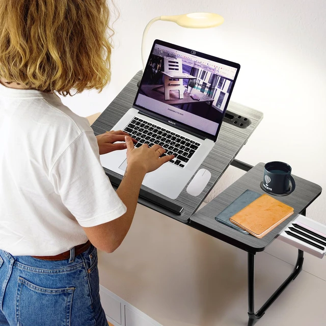 Alt view image 5 of 5 - Plus XL Adjustable Laptop Desk with Light, USB Port, iPad Holder, Drawer Storage - Larger 23.6IN Adjustable Lap Desk for Bed, Home Office, Breakfast Tray, Fordable Legs Desk (Walnut)