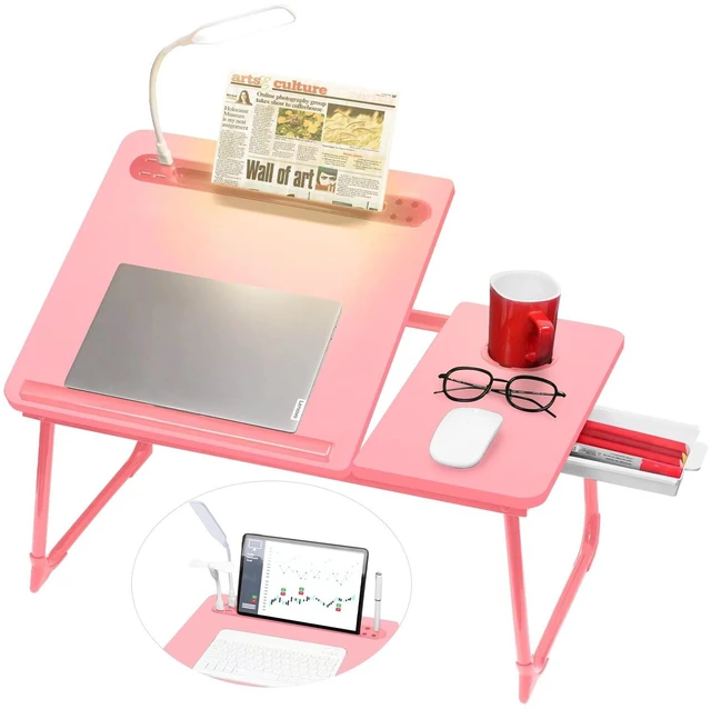 Main image of Plus XL Adjustable 17in Laptop Desk with Light, USB Port, iPad Holder, Drawer Storage - Larger 23.6IN Adjustable Lap Desk for Bed, Home Office, Breakfast Tray, Fordable Legs Desk (Pink)