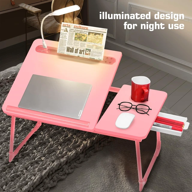 Alt view image 2 of 6 - Plus XL Adjustable 17in Laptop Desk with Light, USB Port, iPad Holder, Drawer Storage - Larger 23.6IN Adjustable Lap Desk for Bed, Home Office, Breakfast Tray, Fordable Legs Desk (Pink)
