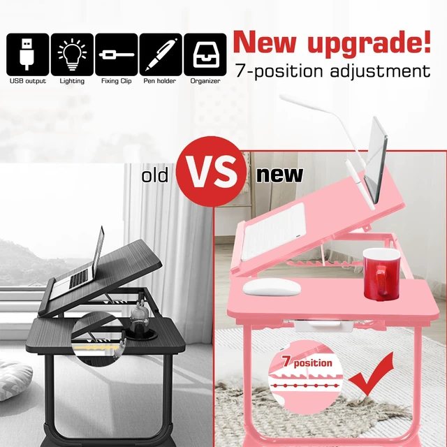 Alt view image 3 of 6 - Plus XL Adjustable 17in Laptop Desk with Light, USB Port, iPad Holder, Drawer Storage - Larger 23.6IN Adjustable Lap Desk for Bed, Home Office, Breakfast Tray, Fordable Legs Desk (Pink)