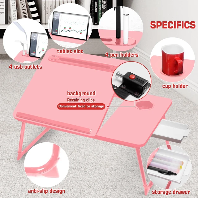 Alt view image 4 of 6 - Plus XL Adjustable 17in Laptop Desk with Light, USB Port, iPad Holder, Drawer Storage - Larger 23.6IN Adjustable Lap Desk for Bed, Home Office, Breakfast Tray, Fordable Legs Desk (Pink)