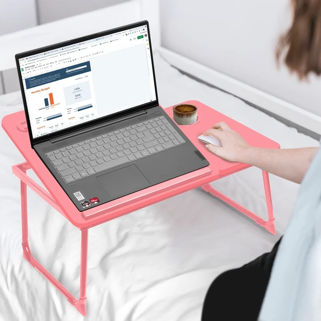 Alt view image 5 of 6 - Plus XL Adjustable 17in Laptop Desk with Light, USB Port, iPad Holder, Drawer Storage - Larger 23.6IN Adjustable Lap Desk for Bed, Home Office, Breakfast Tray, Fordable Legs Desk (Pink)