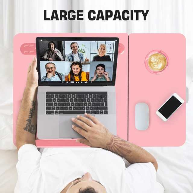 Alt view image 6 of 6 - Plus XL Adjustable 17in Laptop Desk with Light, USB Port, iPad Holder, Drawer Storage - Larger 23.6IN Adjustable Lap Desk for Bed, Home Office, Breakfast Tray, Fordable Legs Desk (Pink)