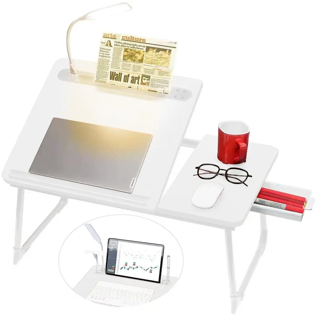 Main image of Plus XL Adjustable Laptop Desk with Light, USB Port, iPad Holder, Drawer Storage - Larger 23.6IN Adjustable Lap Desk for Bed, Home Office, Breakfast Tray, Fordable Legs Desk (White)