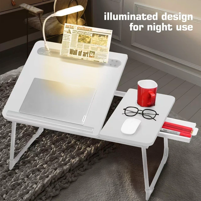 Alt view image 3 of 6 - Plus XL Adjustable Laptop Desk with Light, USB Port, iPad Holder, Drawer Storage - Larger 23.6IN Adjustable Lap Desk for Bed, Home Office, Breakfast Tray, Fordable Legs Desk (White)