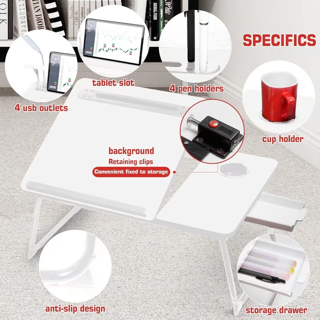 Alt view image 4 of 6 - Plus XL Adjustable Laptop Desk with Light, USB Port, iPad Holder, Drawer Storage - Larger 23.6IN Adjustable Lap Desk for Bed, Home Office, Breakfast Tray, Fordable Legs Desk (White)