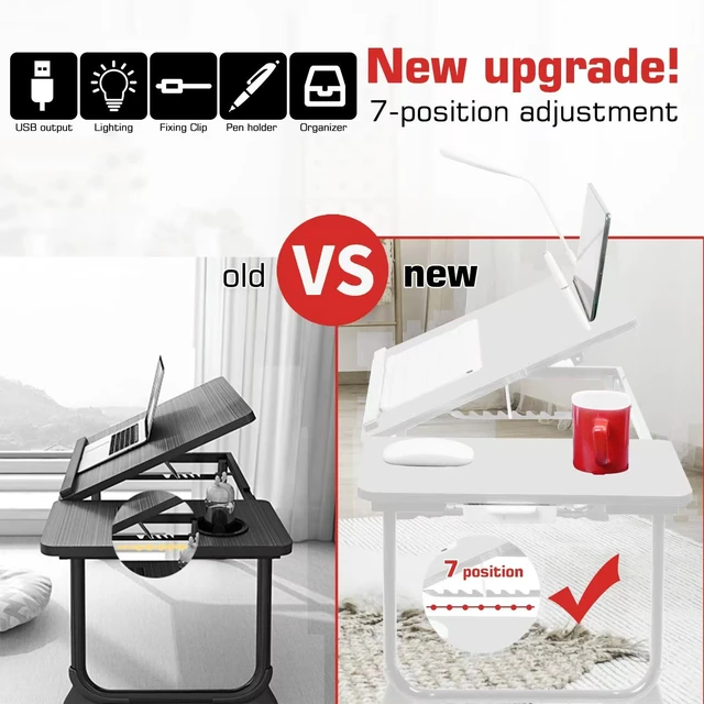 Alt view image 2 of 6 - Plus XL Adjustable Laptop Desk with Light, USB Port, iPad Holder, Drawer Storage - Larger 23.6IN Adjustable Lap Desk for Bed, Home Office, Breakfast Tray, Fordable Legs Desk (White)