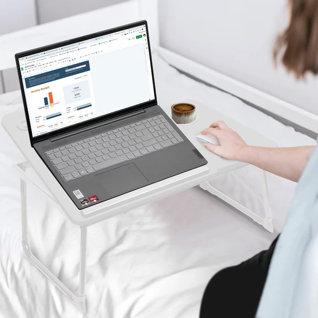 Alt view image 5 of 6 - Plus XL Adjustable Laptop Desk with Light, USB Port, iPad Holder, Drawer Storage - Larger 23.6IN Adjustable Lap Desk for Bed, Home Office, Breakfast Tray, Fordable Legs Desk (White)