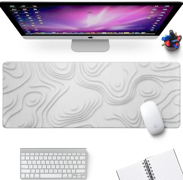 Alt view image 2 of 7 - Solid Geometry Large Gaming Mouse Pad White Mouse Pad Gaming Big Desk Pad Desk Mat with Stitched Edge 31.5''x11.8'' Computer Mousepad Waterproof Desk Protector