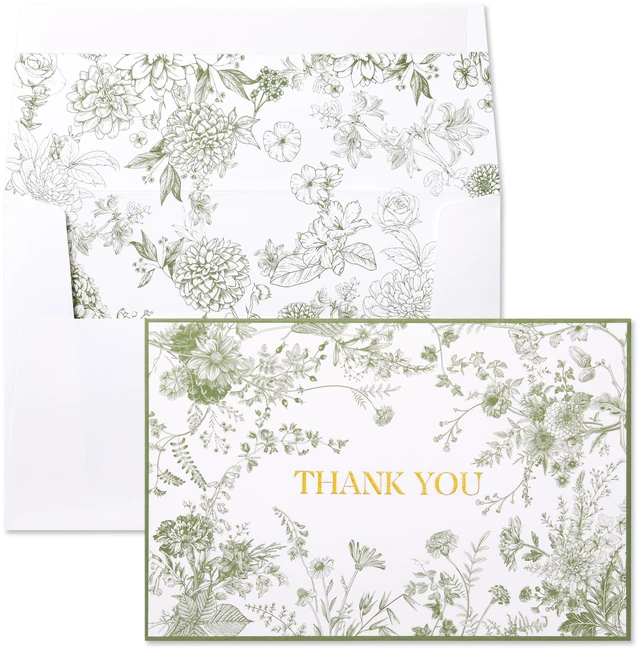 Main image of Vintage Green Floral Gold Foil Thank You Cards with Envelopes 4x6 inch, 25 pack, vintage elegant hand-drawn wildflower pattern, self-adhesive envelope, perfect for wedding bridal shower