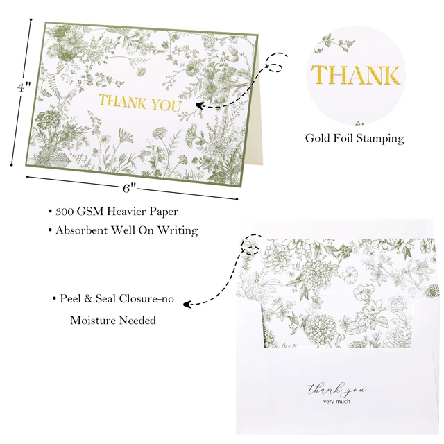 Alt view image 3 of 7 - Vintage Green Floral Gold Foil Thank You Cards with Envelopes 4x6 inch, 25 pack, vintage elegant hand-drawn wildflower pattern, self-adhesive envelope, perfect for wedding bridal shower