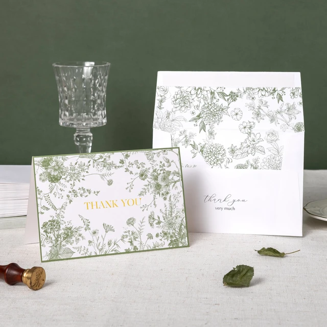 Alt view image 2 of 7 - Vintage Green Floral Gold Foil Thank You Cards with Envelopes 4x6 inch, 25 pack, vintage elegant hand-drawn wildflower pattern, self-adhesive envelope, perfect for wedding bridal shower