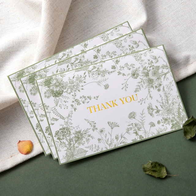 Alt view image 4 of 7 - Vintage Green Floral Gold Foil Thank You Cards with Envelopes 4x6 inch, 25 pack, vintage elegant hand-drawn wildflower pattern, self-adhesive envelope, perfect for wedding bridal shower