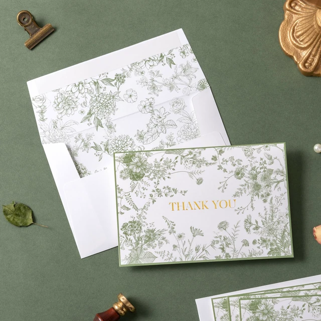 Alt view image 6 of 7 - Vintage Green Floral Gold Foil Thank You Cards with Envelopes 4x6 inch, 25 pack, vintage elegant hand-drawn wildflower pattern, self-adhesive envelope, perfect for wedding bridal shower
