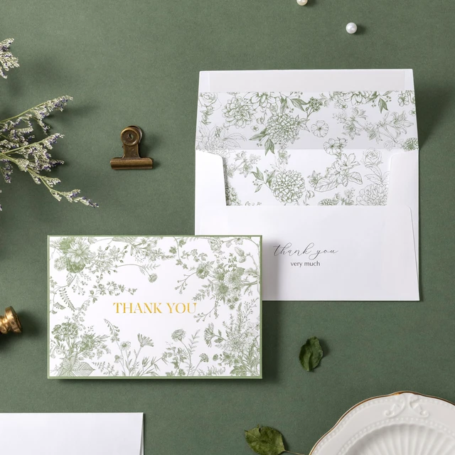 Alt view image 7 of 7 - Vintage Green Floral Gold Foil Thank You Cards with Envelopes 4x6 inch, 25 pack, vintage elegant hand-drawn wildflower pattern, self-adhesive envelope, perfect for wedding bridal shower