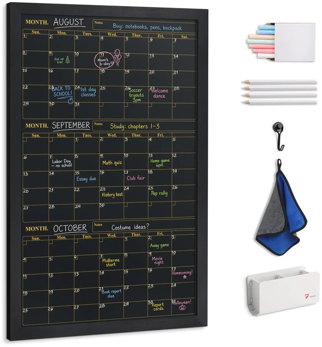Main image of Quarterly Chalkboard Calendar 24x36 in, Black Frame, 3-Month Magnetic wall planner blackboard, family command center and office schedule organizer with chalk accessories