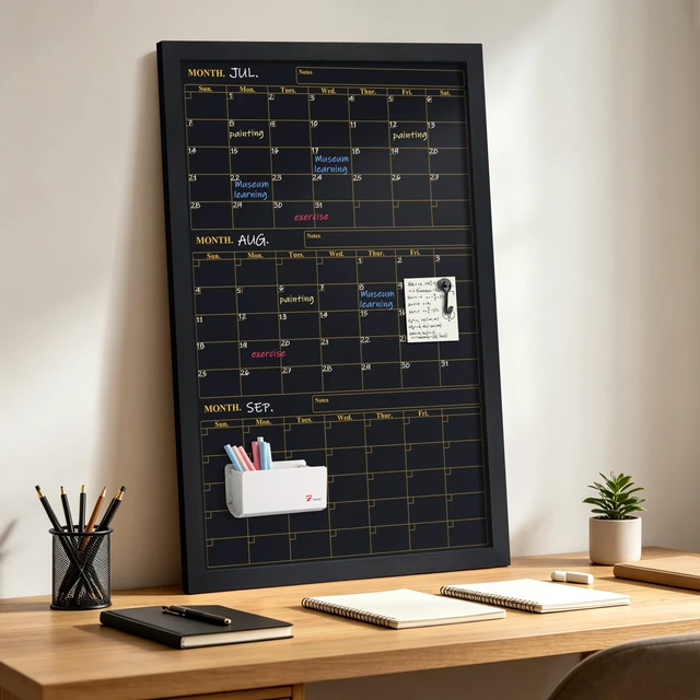 Alt view image 2 of 6 - Quarterly Chalkboard Calendar 24x36 in, Black Frame, 3-Month Magnetic wall planner blackboard, family command center and office schedule organizer with chalk accessories