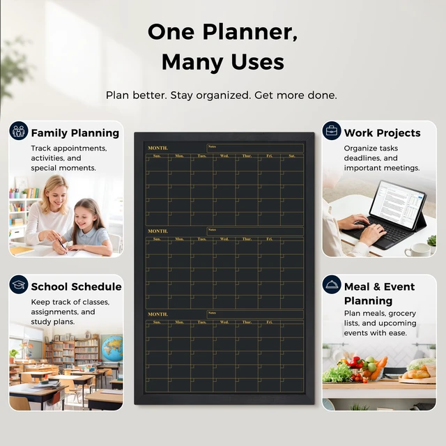 Alt view image 3 of 6 - Quarterly Chalkboard Calendar 24x36 in, Black Frame, 3-Month Magnetic wall planner blackboard, family command center and office schedule organizer with chalk accessories