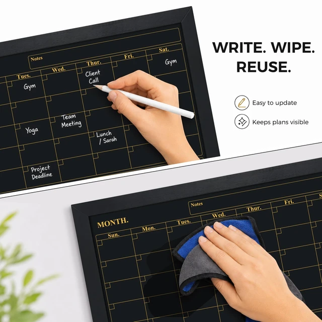 Alt view image 5 of 6 - Quarterly Chalkboard Calendar 24x36 in, Black Frame, 3-Month Magnetic wall planner blackboard, family command center and office schedule organizer with chalk accessories