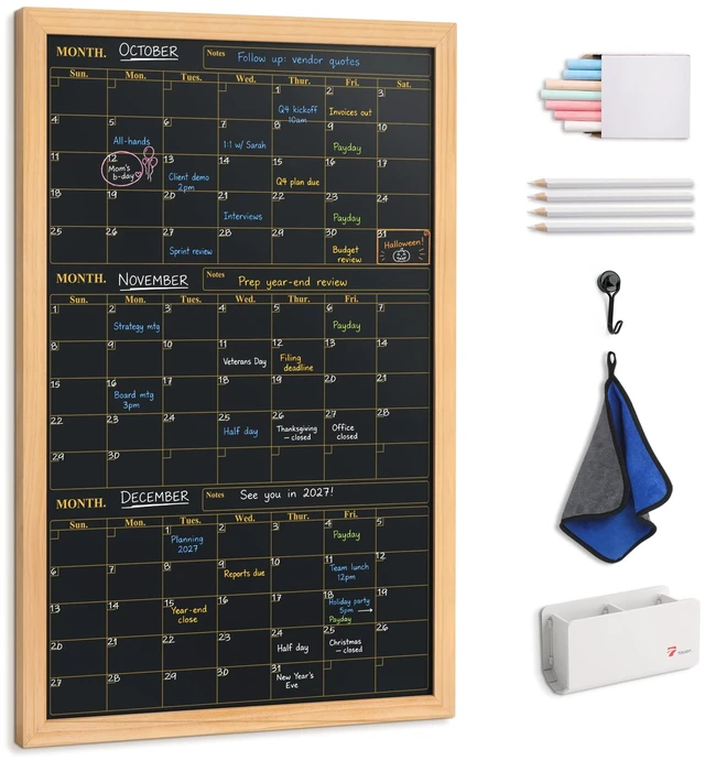 Main image of Quarterly Chalkboard Calendar 24x36 in, Pine Wood Frame, 3-Month Magnetic wall planner blackboard, family command center and office schedule organizer with chalk accessories