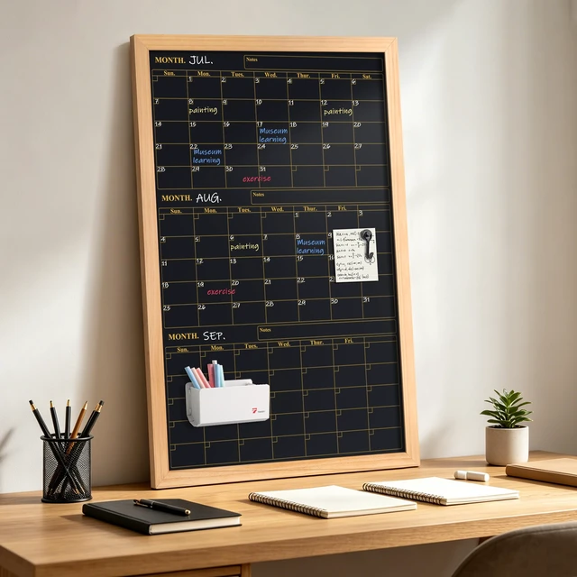 Alt view image 2 of 6 - Quarterly Chalkboard Calendar 24x36 in, Pine Wood Frame, 3-Month Magnetic wall planner blackboard, family command center and office schedule organizer with chalk accessories