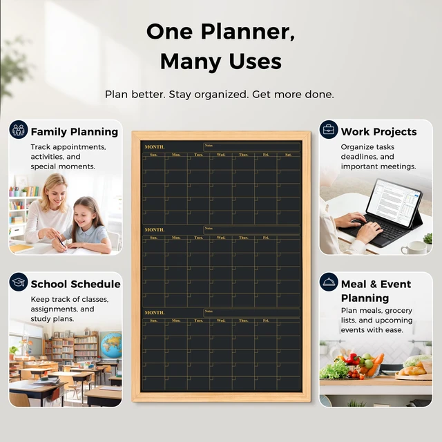 Alt view image 3 of 6 - Quarterly Chalkboard Calendar 24x36 in, Pine Wood Frame, 3-Month Magnetic wall planner blackboard, family command center and office schedule organizer with chalk accessories