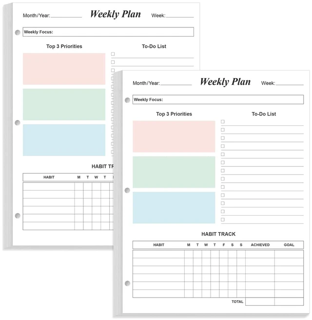 Main image of (2-Pack) 3-Hole Weekly Planner Refills - 106 Sheets/212 Pages Colorful Weekly Planner for 3 Ring Binders, 100 gsm White Paper, Lasts 2 Year, Undated, 8.5'' x 11''