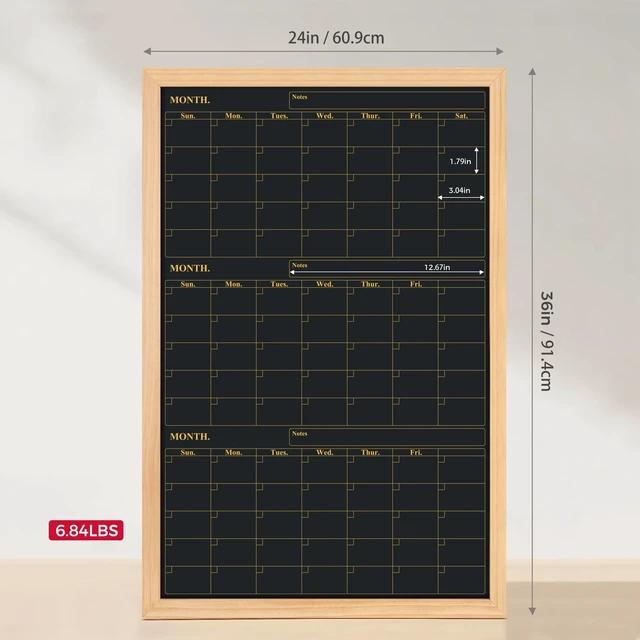 Alt view image 6 of 6 - Quarterly Chalkboard Calendar 24x36 in, Pine Wood Frame, 3-Month Magnetic wall planner blackboard, family command center and office schedule organizer with chalk accessories