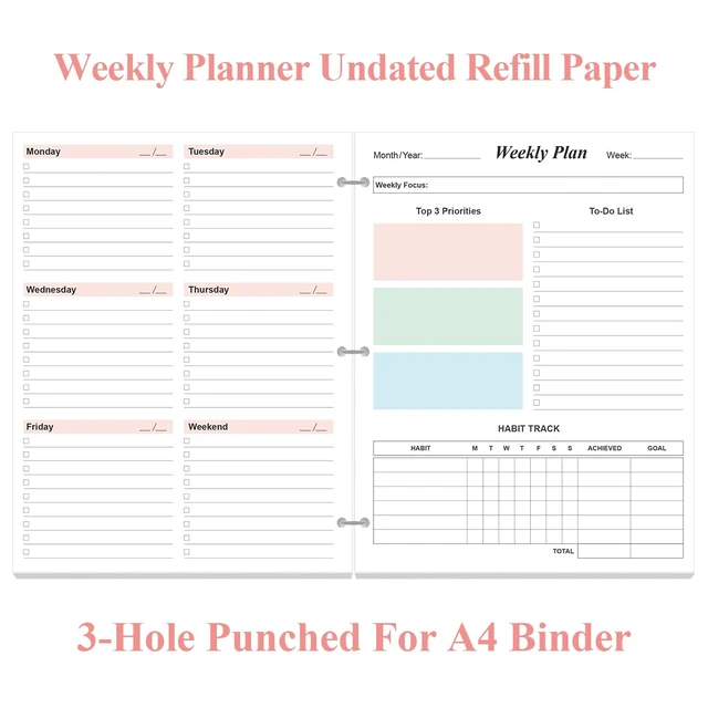 Alt view image 2 of 7 - (2-Pack) 3-Hole Weekly Planner Refills - 106 Sheets/212 Pages Colorful Weekly Planner for 3 Ring Binders, 100 gsm White Paper, Lasts 2 Year, Undated, 8.5'' x 11''