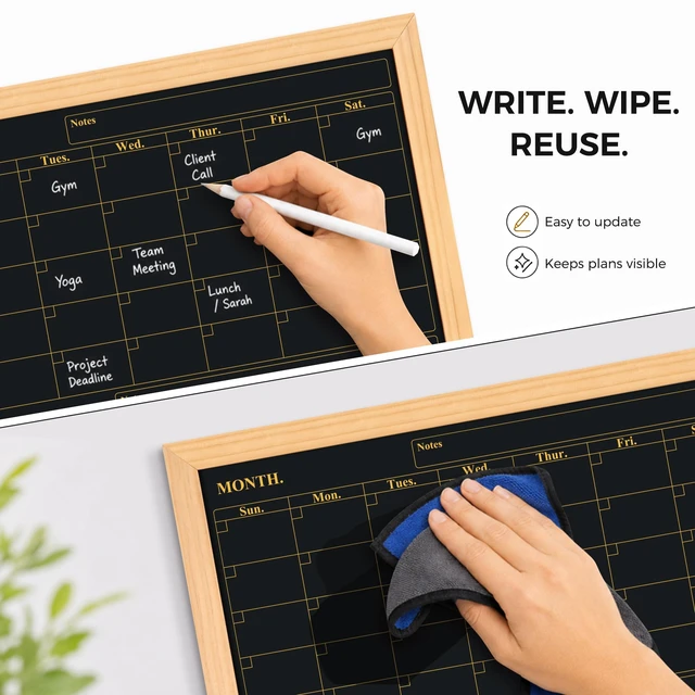 Alt view image 5 of 6 - Quarterly Chalkboard Calendar 24x36 in, Pine Wood Frame, 3-Month Magnetic wall planner blackboard, family command center and office schedule organizer with chalk accessories