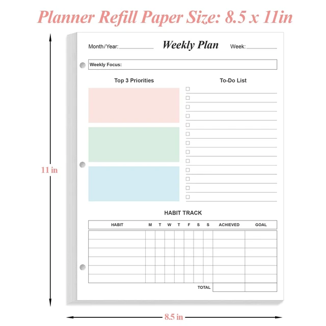 Alt view image 4 of 7 - (2-Pack) 3-Hole Weekly Planner Refills - 106 Sheets/212 Pages Colorful Weekly Planner for 3 Ring Binders, 100 gsm White Paper, Lasts 2 Year, Undated, 8.5'' x 11''