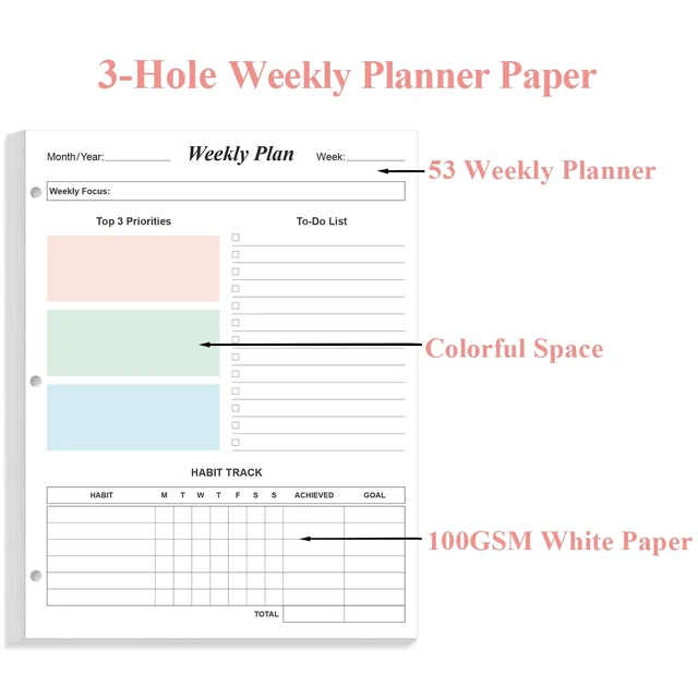 Alt view image 6 of 7 - (2-Pack) 3-Hole Weekly Planner Refills - 106 Sheets/212 Pages Colorful Weekly Planner for 3 Ring Binders, 100 gsm White Paper, Lasts 2 Year, Undated, 8.5'' x 11''