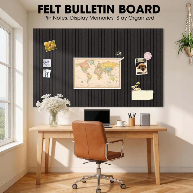 Alt view image 2 of 7 - Large Cork Board for Walls 71" x 59",30 Pack 12"X12"Felt Bulletin Board Tiles with 240 Adhesive Tabs,Cork Board Alternative for Office Decor, Push Pin Board Wall Organizer- Black