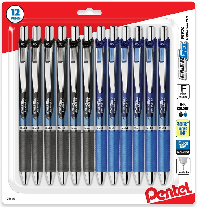Main image of Energel 0.5 mm Rtx Retractable, 12 Pack of 6 Black & 6 Blue Ink Pens Needle Tip, Pens 0.5 mm Fine Point