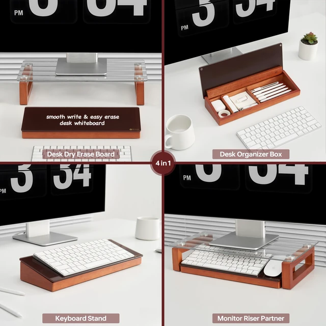 Alt view image 3 of 6 - Desktop Black Glass Dry Erase Board with Wood Organizers,14"x5" Soild Cherry Wood & Tempered Glass, Desk Whiteboard, Small Office Supplies Storage, For Home and Office, Accessories Included