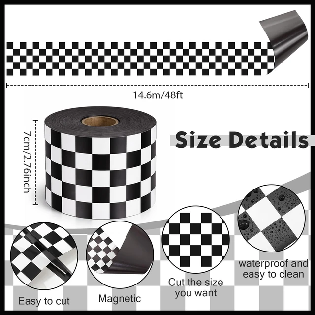 Alt view image 2 of 7 - 48 ft x 2.76 Inch Magnetic Checkerboard Border,Black and White Gingham Bulletin Board Trim Decoration, Reusable Whiteboard Magnetic Strips Roll for School Office Chalkboard