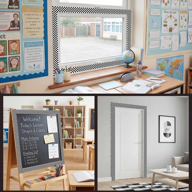 Alt view image 6 of 7 - 48 ft x 2.76 Inch Magnetic Checkerboard Border,Black and White Gingham Bulletin Board Trim Decoration, Reusable Whiteboard Magnetic Strips Roll for School Office Chalkboard