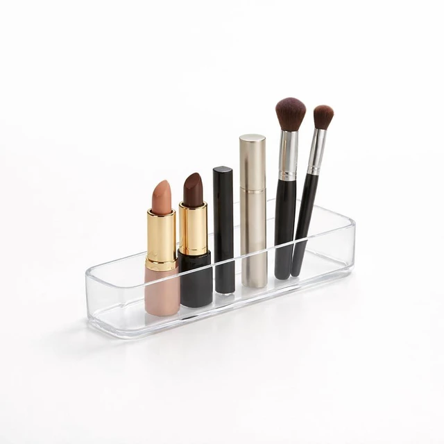 Main image of Plastic Clear Acrylic Drawer Organizers. Bathroom, Kitchen, Bedroom, Utensils, Office Organizer Bins, Storage Trays. Heavy Duty, Stackable. 9" x 2" x 2" Set of 6
