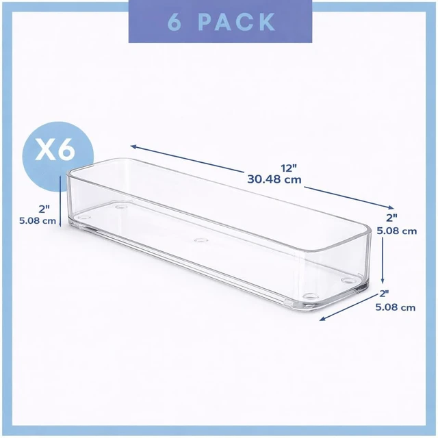 Alt view image 2 of 5 - Plastic Clear Acrylic Drawer Organizers. Bathroom, Kitchen, Bedroom, Utensils, Office Organizer Bins, Storage Trays. Heavy Duty, Stackable. 9" x 2" x 2" Set of 6
