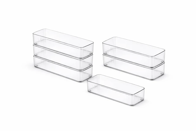 Alt view image 4 of 5 - Plastic Clear Acrylic Drawer Organizers. Bathroom, Kitchen, Bedroom, Utensils, Office Organizer Bins, Storage Trays. Heavy Duty, Stackable. 9" x 2" x 2" Set of 6