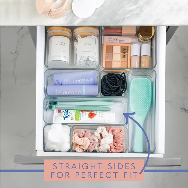 Alt view image 3 of 5 - Plastic Clear Acrylic Drawer Organizers. Bathroom, Kitchen, Bedroom, Utensils, Office Organizer Bins, Storage Trays. Heavy Duty, Stackable. 9" x 2" x 2" Set of 6