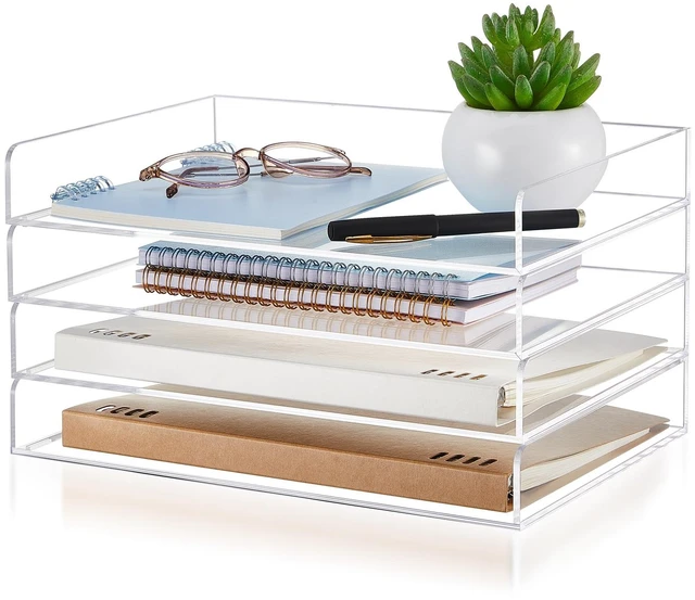 Main image of 4 Tier Paper Organizer Letter Tray Acrylic Desk File Organizer Heavy Duty Stackable Document, Clear Letter Paper Holder, 12.4 x 8.9 x 1.7 Inches Sorter Office Tray for A4, Home Office Pad