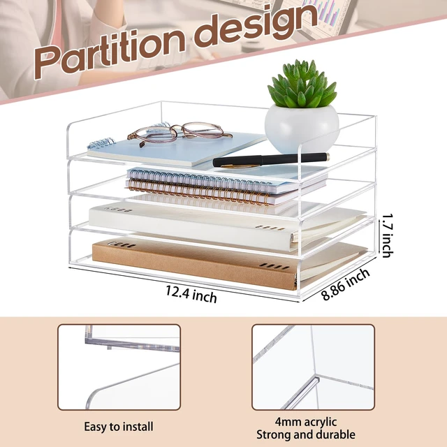 Alt view image 2 of 6 - 4 Tier Paper Organizer Letter Tray Acrylic Desk File Organizer Heavy Duty Stackable Document, Clear Letter Paper Holder, 12.4 x 8.9 x 1.7 Inches Sorter Office Tray for A4, Home Office Pad