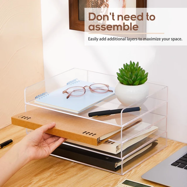 Alt view image 3 of 6 - 4 Tier Paper Organizer Letter Tray Acrylic Desk File Organizer Heavy Duty Stackable Document, Clear Letter Paper Holder, 12.4 x 8.9 x 1.7 Inches Sorter Office Tray for A4, Home Office Pad