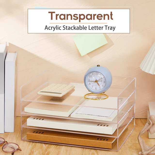 Alt view image 5 of 6 - 4 Tier Paper Organizer Letter Tray Acrylic Desk File Organizer Heavy Duty Stackable Document, Clear Letter Paper Holder, 12.4 x 8.9 x 1.7 Inches Sorter Office Tray for A4, Home Office Pad