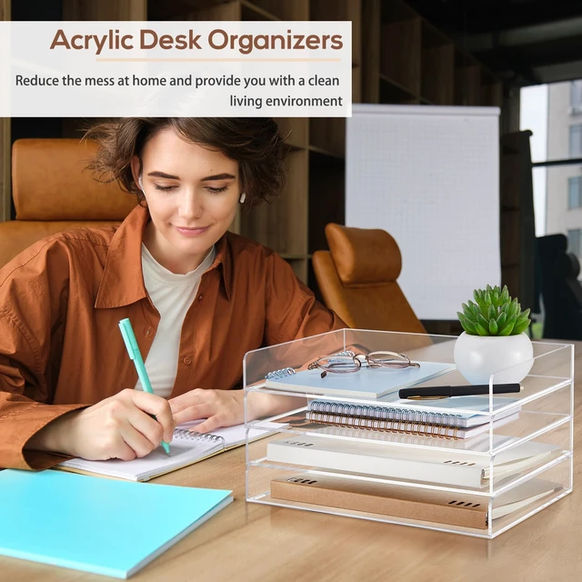 Alt view image 6 of 6 - 4 Tier Paper Organizer Letter Tray Acrylic Desk File Organizer Heavy Duty Stackable Document, Clear Letter Paper Holder, 12.4 x 8.9 x 1.7 Inches Sorter Office Tray for A4, Home Office Pad