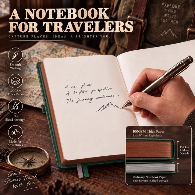 Alt view image 3 of 7 - Thick Blank Notebook, 320 Numbered Pages, A5 (5.75'' X 8.38'') 100GSM Plain Paper, Vintage Leather Hardcover, for Men Women Work Office School (Dark green)