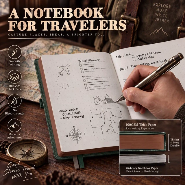 Alt view image 4 of 7 - Thick Dotted Notebook, 320 Numbered Pages, A5 (5.75'' X 8.38'') Journal for Writing, 100gsm Dot Paper, Vintage Leather Hardcover, for Women Work Office School (Dark green)